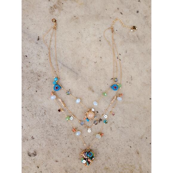 Betsey Johnson Layered Necklace Woven Heart Charm Gold Tone Boho Fashion Signed - Picture 2 of 4